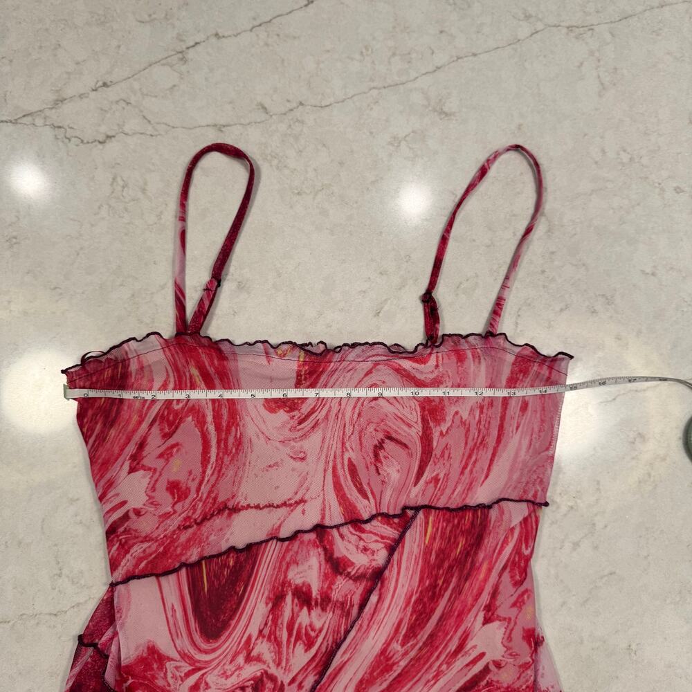 Y2K Barbiecore Mesh Mini Dress Pink Sheer Slip Ruffle Festival Coquette Small - Picture 12 of 16